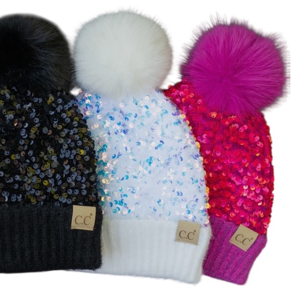 Sequin Pom-Pom Beanie - Pink, Black, White - Picture 9 of 11
